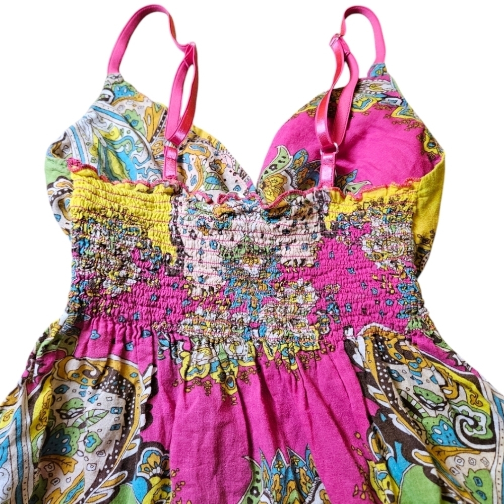 WM Y2K Paisley Print Babydoll Smocked Waist Tank Top Sz M Fairy Boho Peasant - Picture 11 of 13